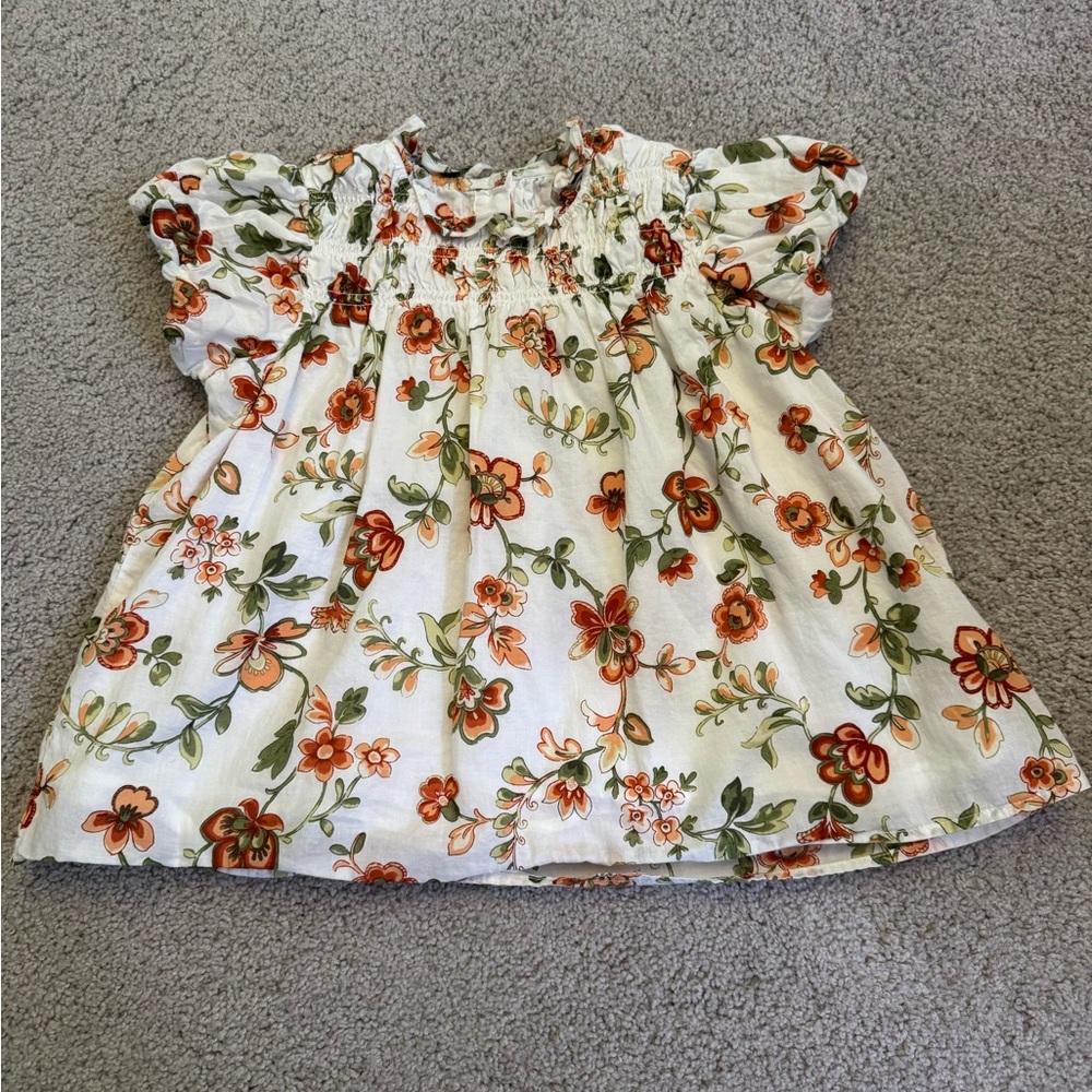Janie and Jack Floral Smocked Bubble Sleeve Top, White Multicolor, 6